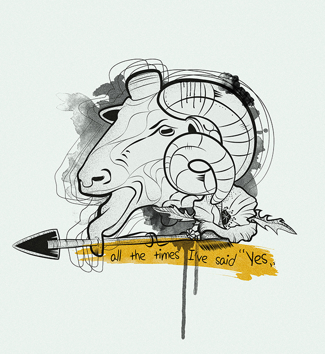 illustrazione testa di capra e freccia lingua con testo: tutte le volte che ho detto sì